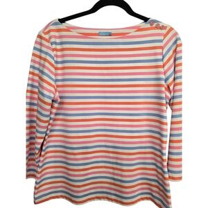 J McLaughlin Pink Blue Stripe Knit Top L Preppy Coastal Nautical Resort Chic